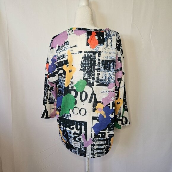 Shana Size M Art to Wear Newsprint Collage 3/4 Dolman Sleeve Top - Picture 3 of 10